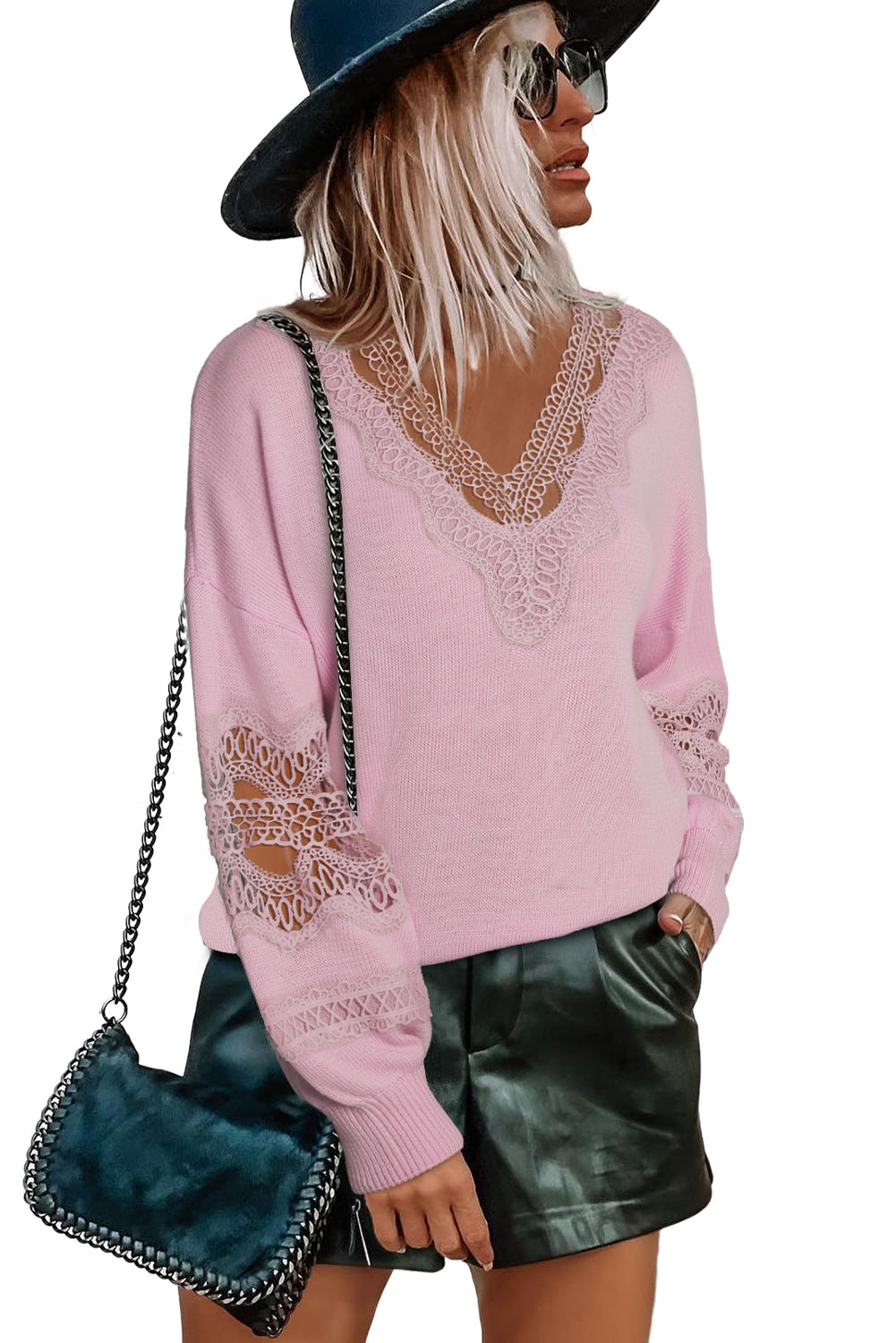 Pink Hollowed Lace Splicing V Neck Loose Sweater-yoyobikini