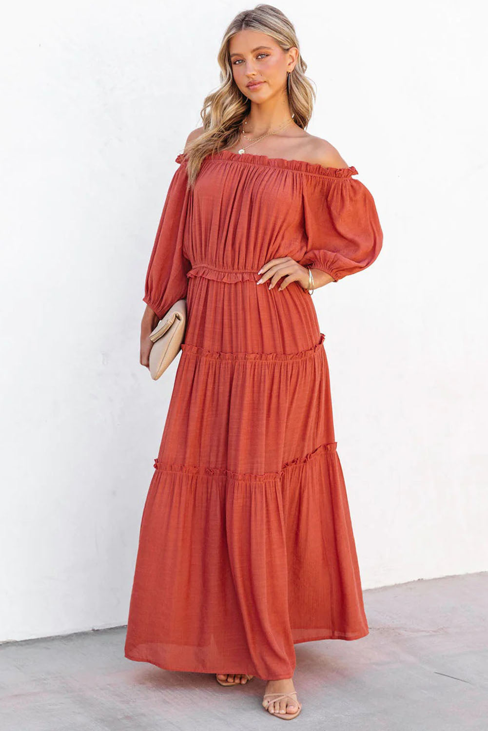 Orange Off Shoulder Balloon Sleeve Cutout Ruffled Maxi Dress-yoyobikini