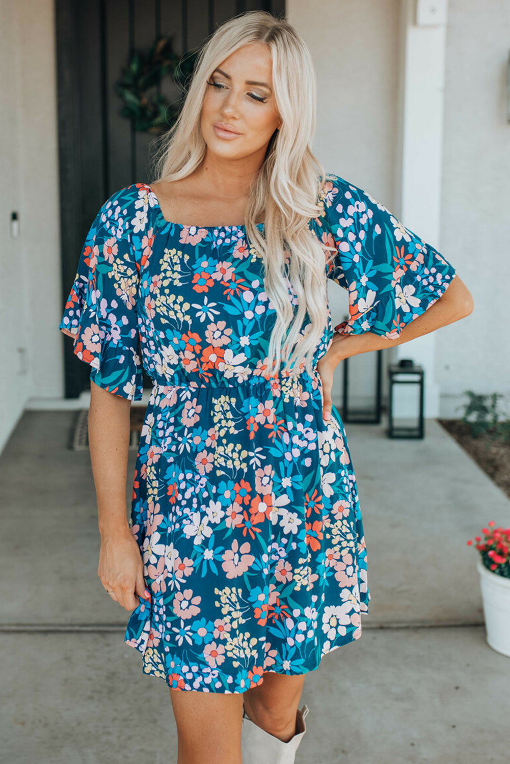 Blue Square Neck Ruffle Floral Dress-yoyobikini
