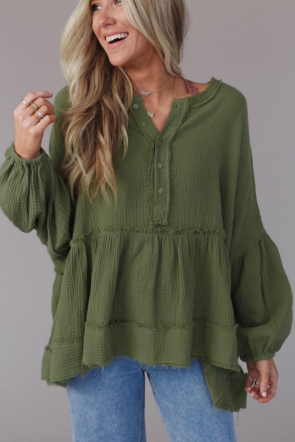 Green Henley Button Drop Shoulder Loose Sleeve Raw Edge Top-yoyobikini