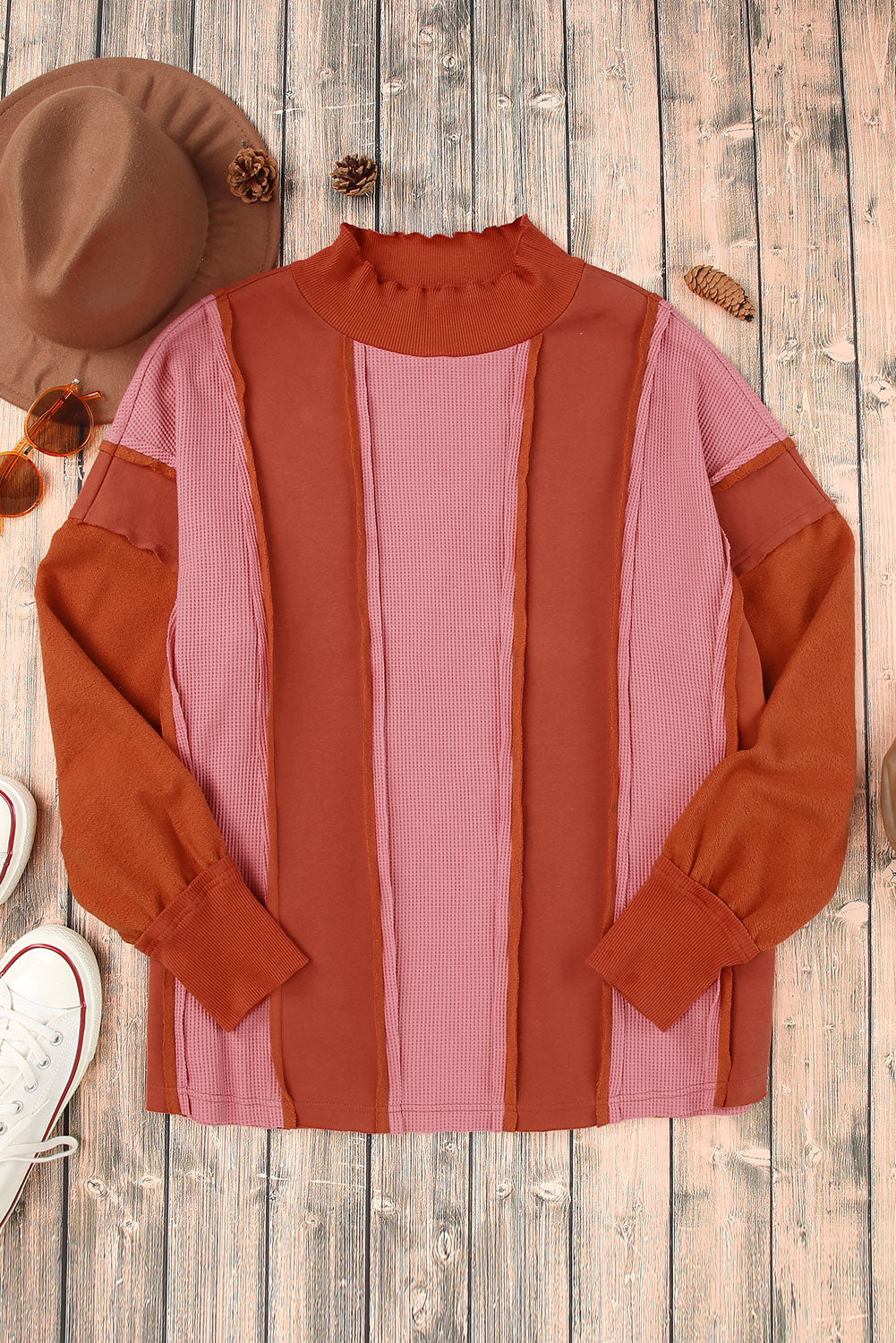 Red Waffle Knit Ripped Exposed Seam	Patchwork Top with Thumbhole-yoyobikini