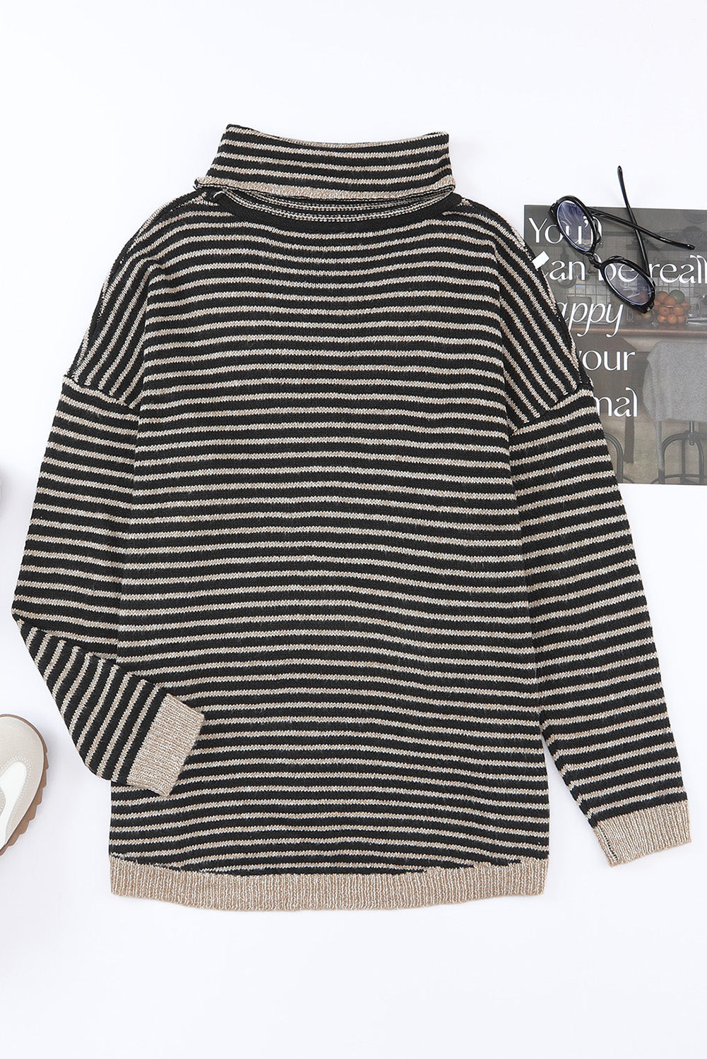 Black Striped Turtleneck Loose Sweater-yoyobikini