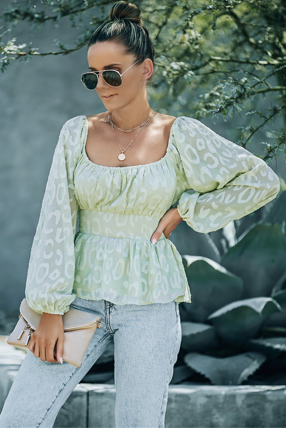 Leopard Textured Square Neck Puffy Sleeve Top-yoyobikini
