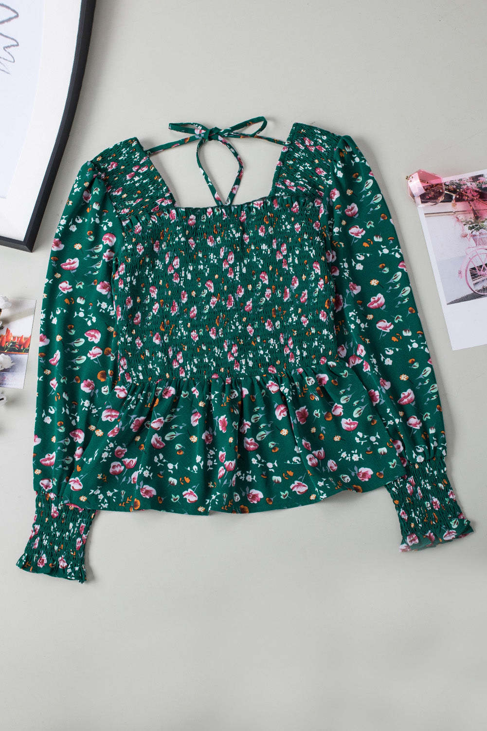 Floral Print Smocked Lace-up Square Neck Long Sleeve Top-yoyobikini