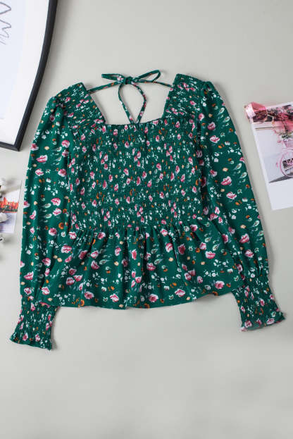Floral Print Smocked Lace-up Square Neck Long Sleeve Top-yoyobikini
