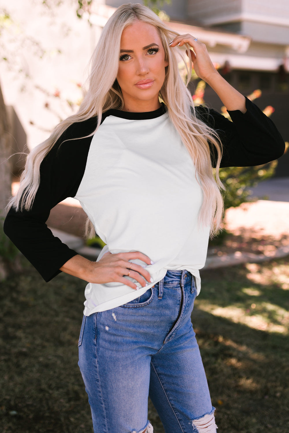 Black Color Block Raglan Sleeve Pullover Top-yoyobikini