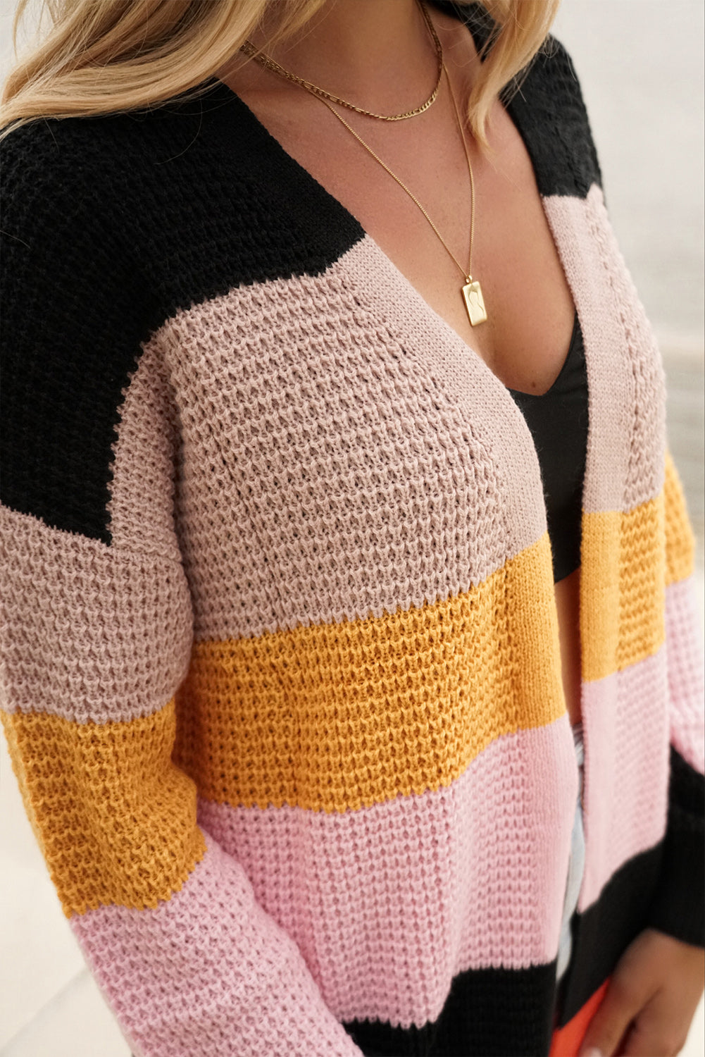 Multicolor Waffle Knit Color Block Open Front Cardigan-yoyobikini