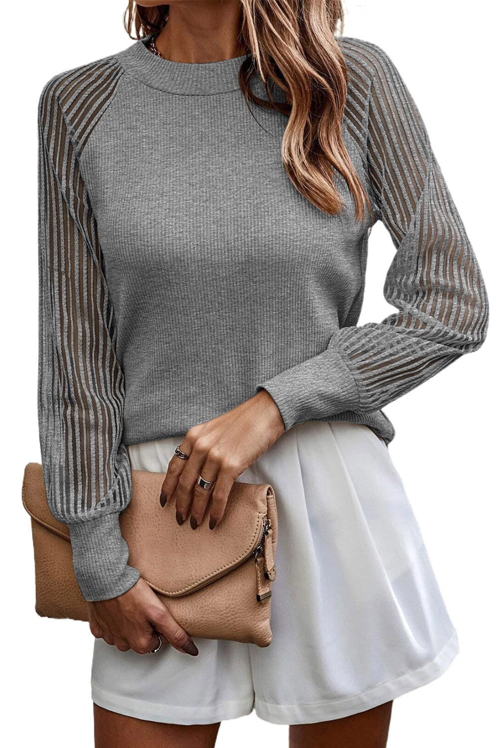 Gray Striped Mesh Long Sleeve Crewneck Ribbed Top-yoyobikini