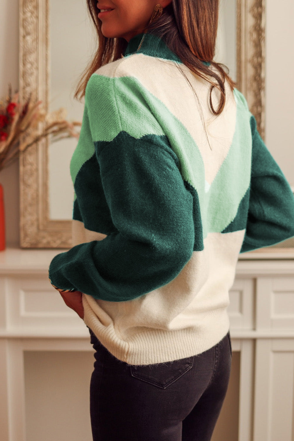 Green Geometric Color Block Knit Button V Neck Sweater-yoyobikini