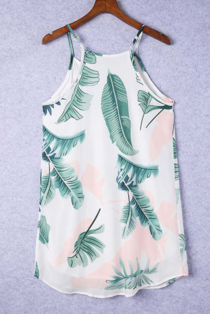 Palm Tree Leaf Print Ivory Sleeveless Dress-yoyobikini