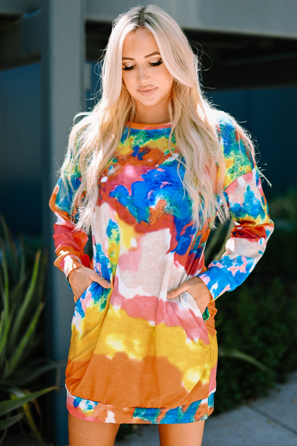 Multicolor Tie Dye Pocketed T Shirt Mini Dress-yoyobikini