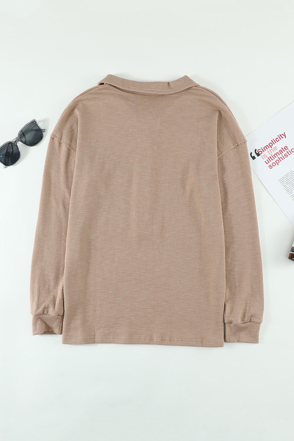 Khaki Button Front Turn-down Neck Knit Top-yoyobikini
