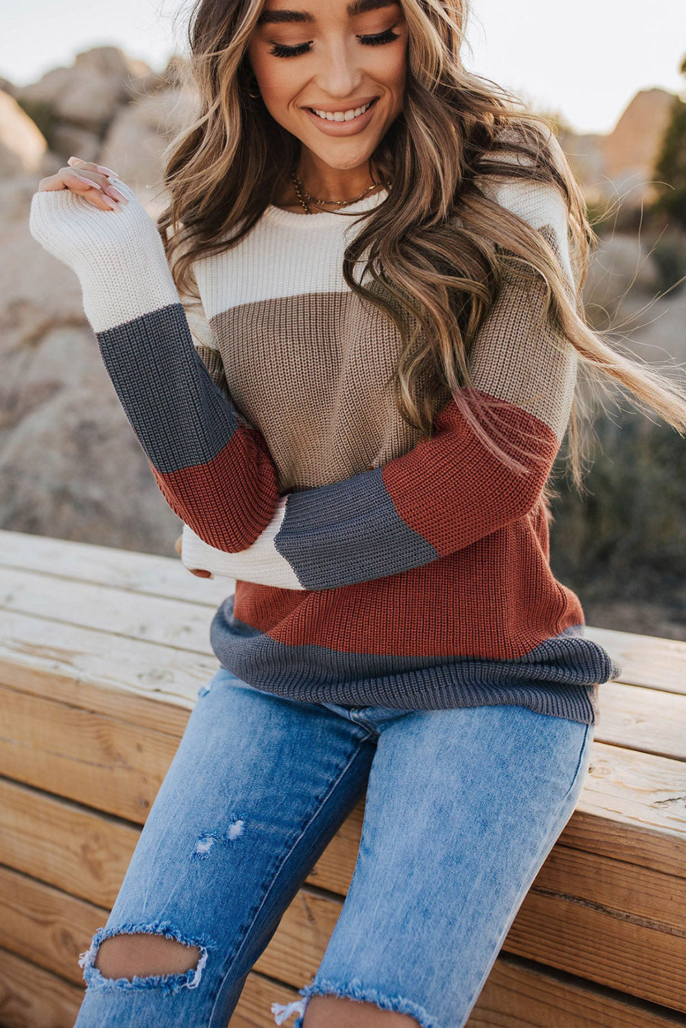 Color Block Knitted O-neck Pullover Sweater-yoyobikini