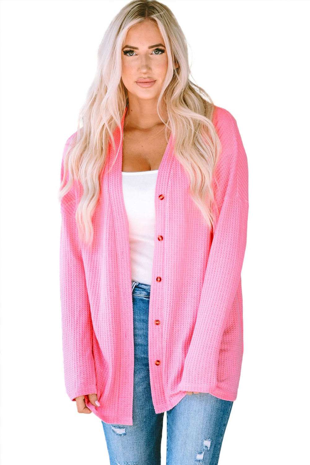 Pink Waffle Knit Dropped Shoulder Cardigan-yoyobikini