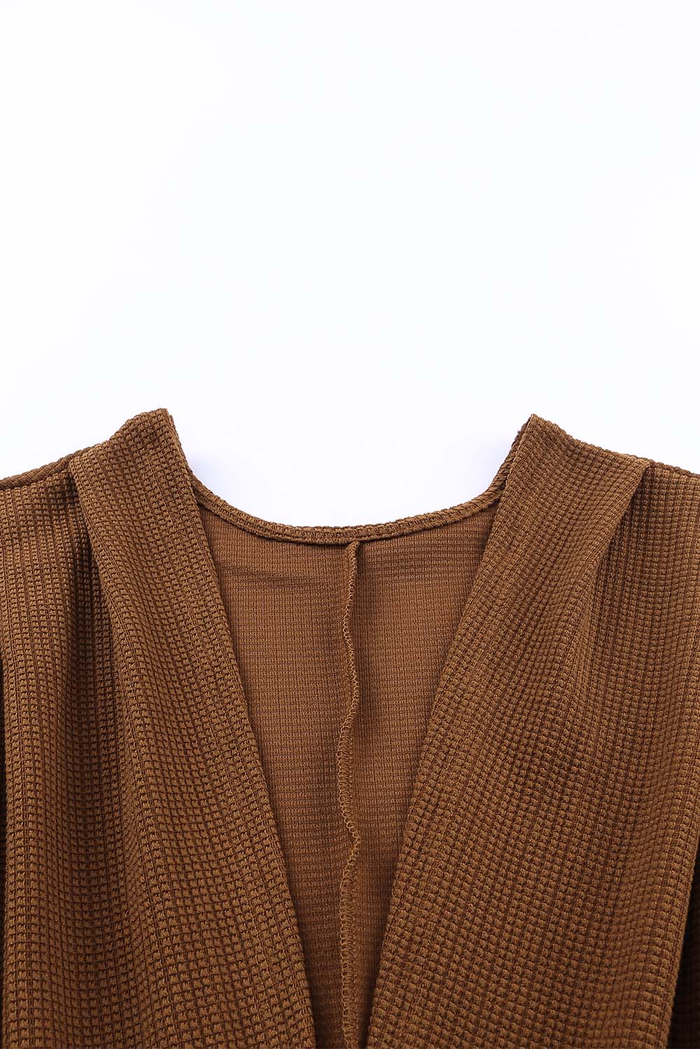 Brown Waffle Knit Open Front Rounded Hem Cardigan-yoyobikini