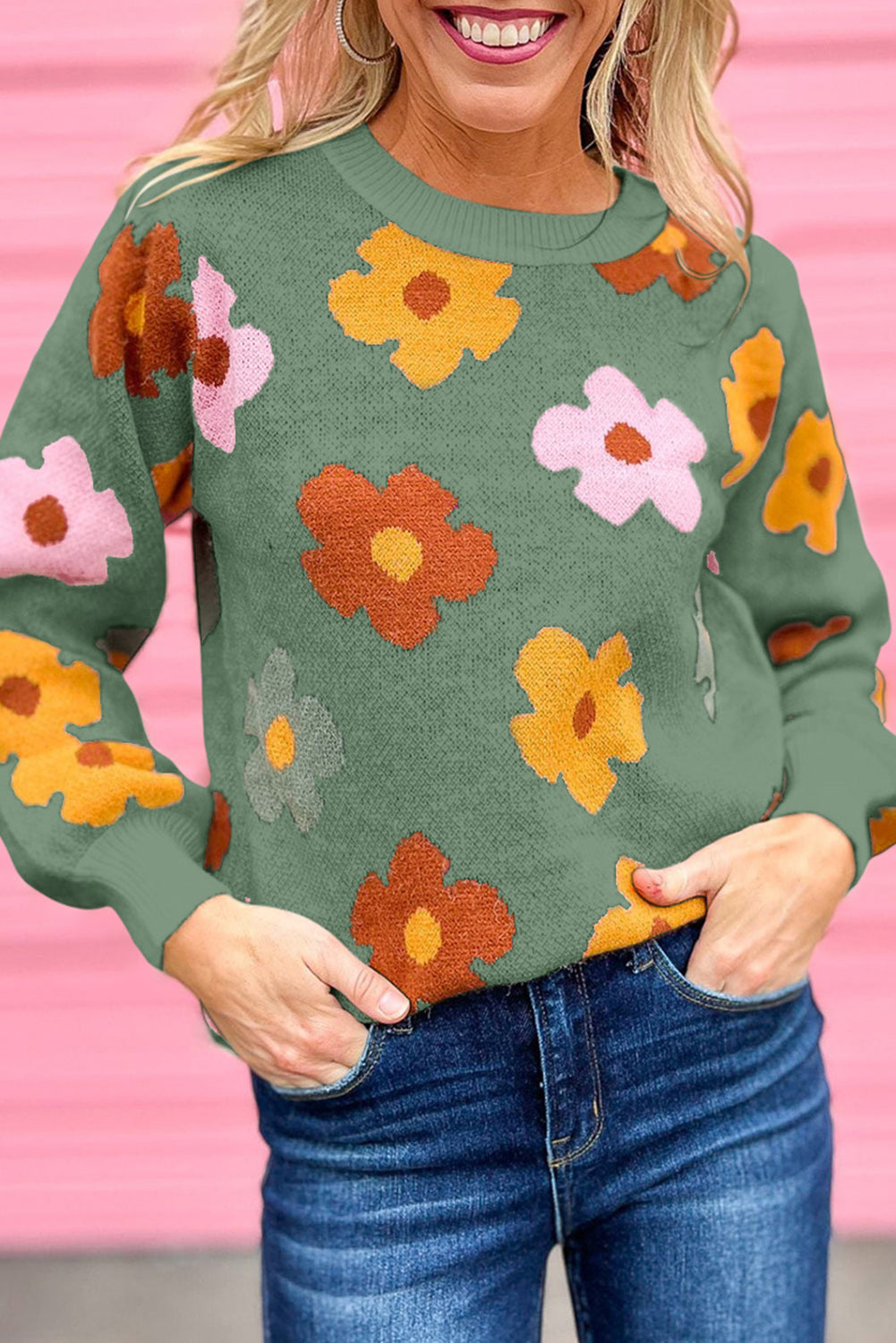 Green Sweet Flower Knitted Ribbed Hem Sweater-yoyobikini