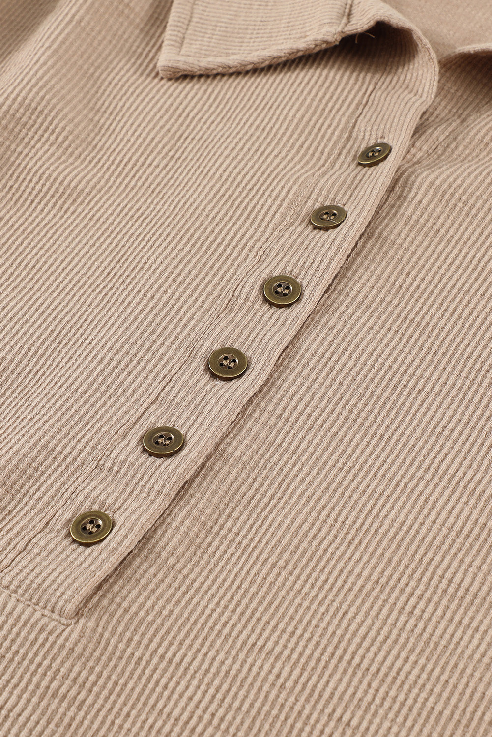 Khaki Button Front Turn-down Neck Knit Top-yoyobikini