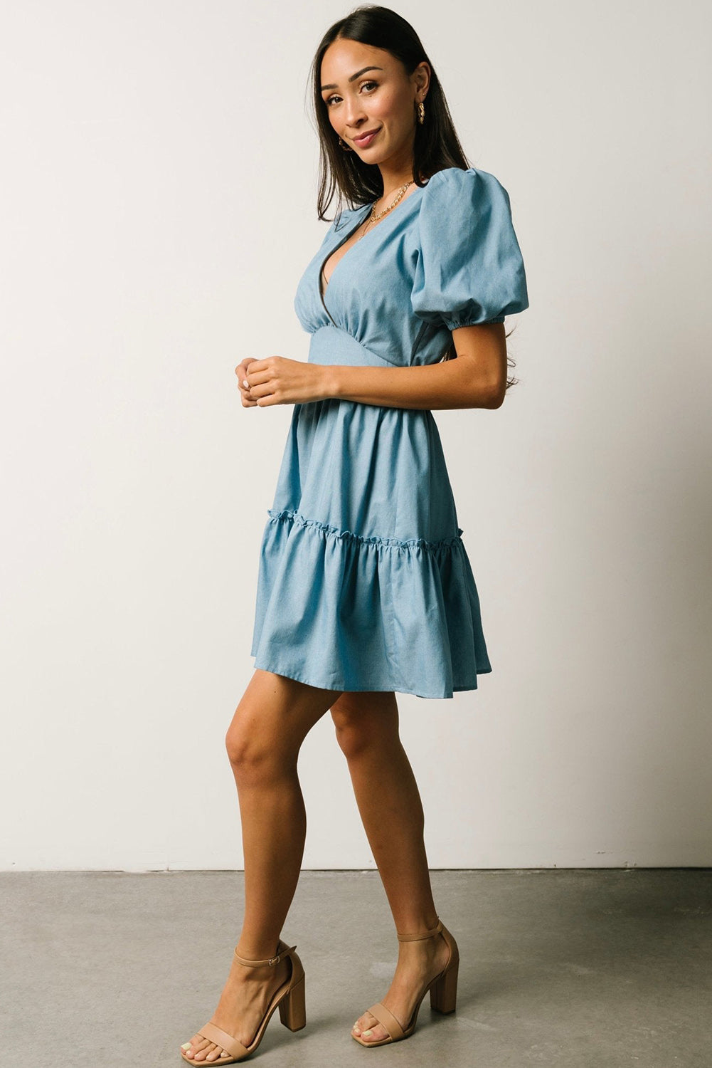 Sky Blue V Neck Bubble Sleeve Ruffle Flared Mini Dress-yoyobikini