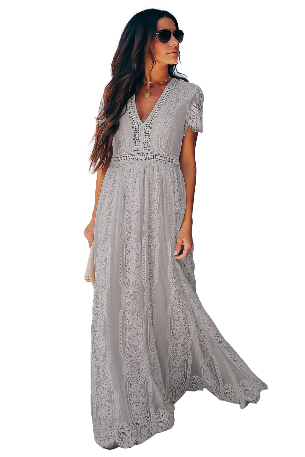 Gray Blue Fill Your Heart Lace Maxi Dress-yoyobikini