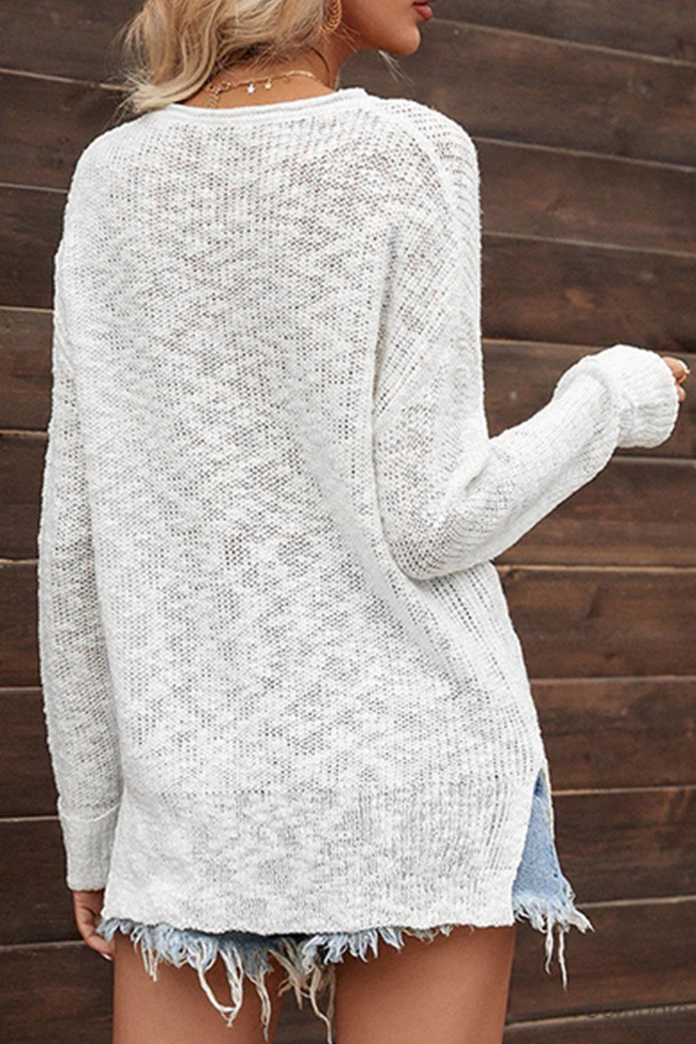 White Solid Color V Neck Side Split Sweater-yoyobikini