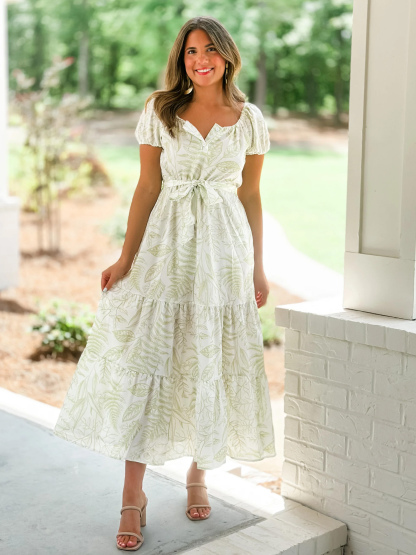 Summer Dress Sweetheart Neck Printed Lace Up Green Long Beach Dress