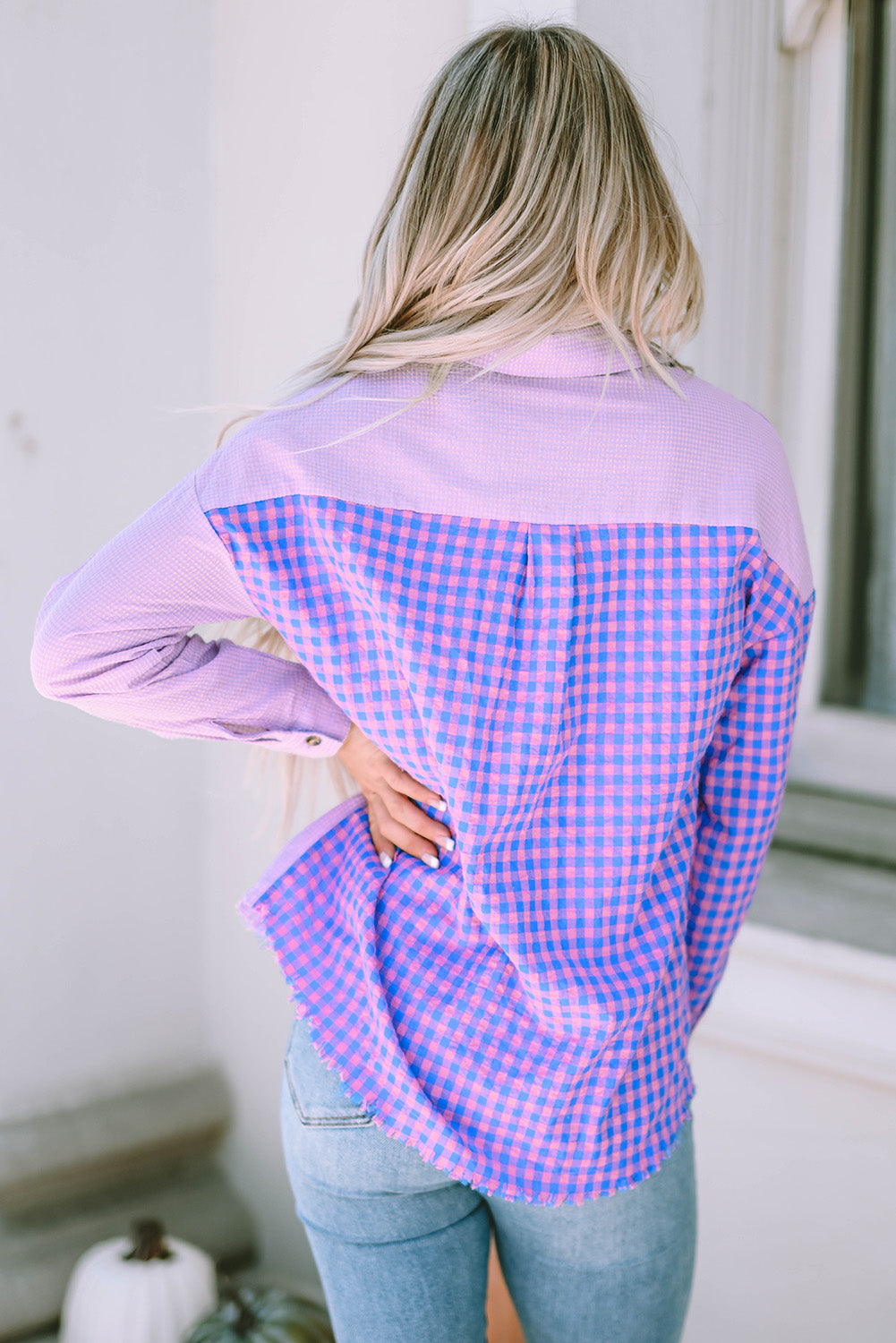 Purple Mixed Plaid Button Down Long Sleeve Chest Pocket Shirt-yoyobikini