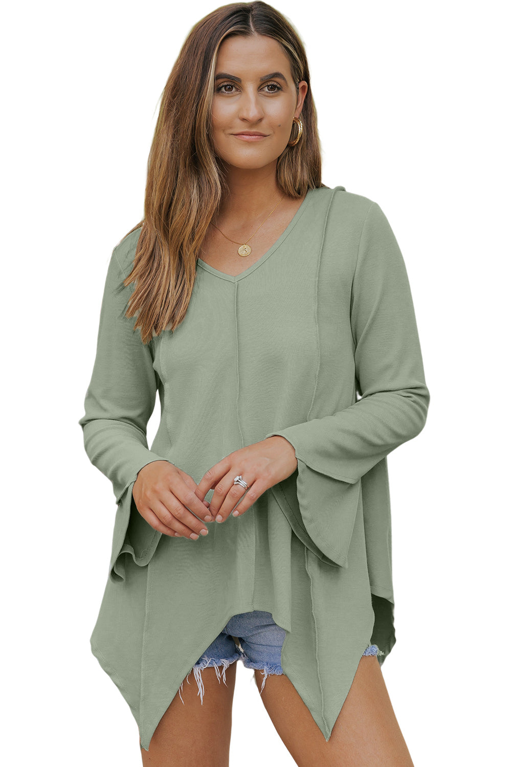 Green Ribbed Expose Seam Bell Sleeve Top-yoyobikini