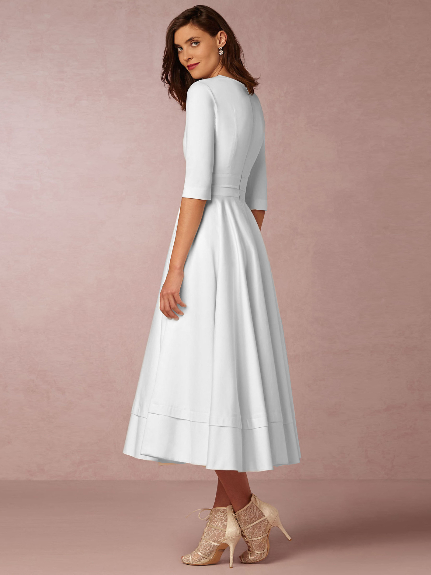 Plunge Midi Dress Half Sleeves Pockets A-Line Prom Dresses