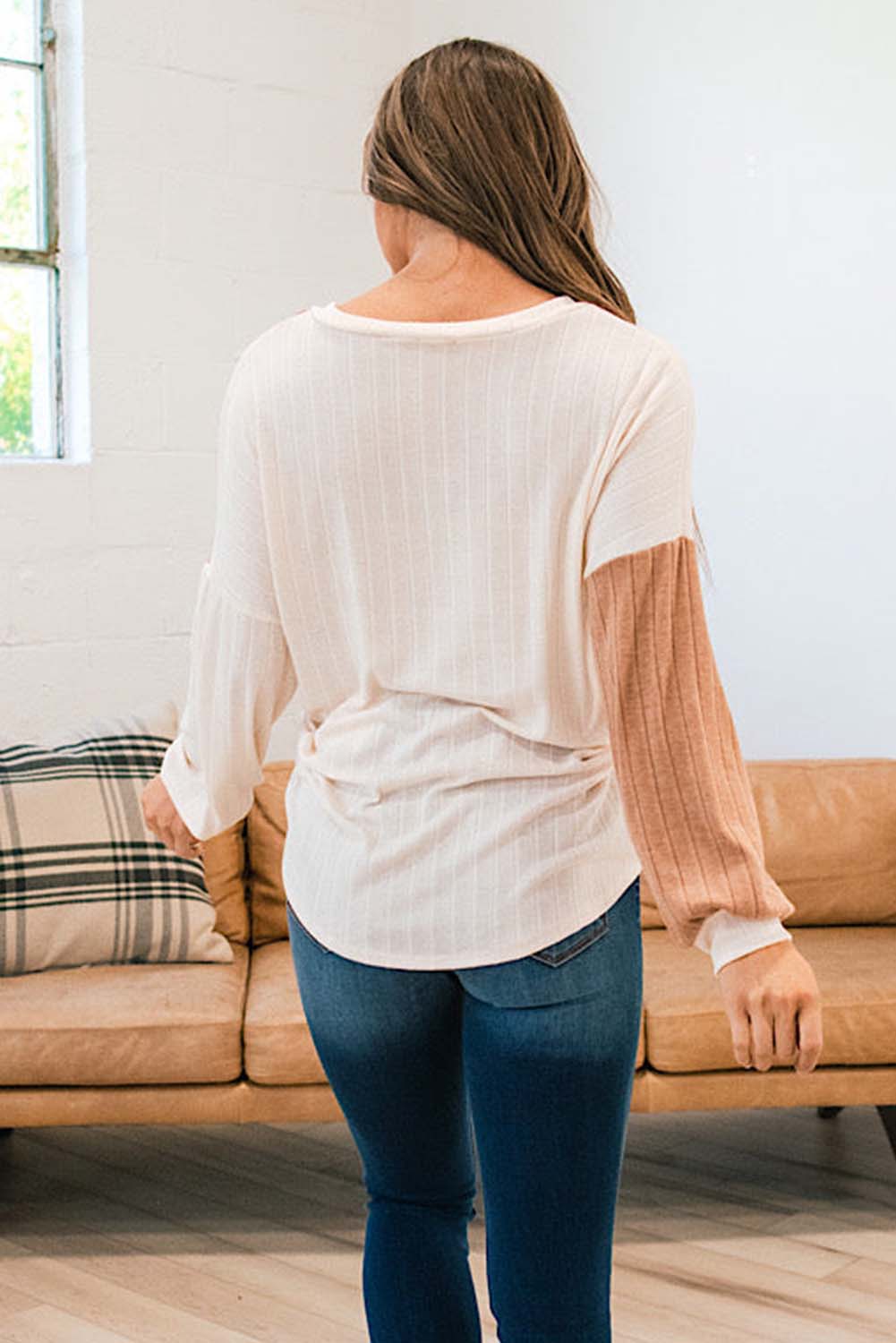 Apricot Color Block Wide Ribbed V Neck Top-yoyobikini
