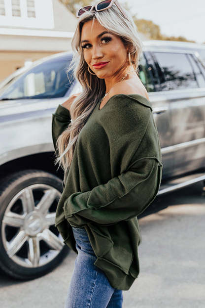 Green Expose Seam Detail Split Neck Long Sleeve Top-yoyobikini