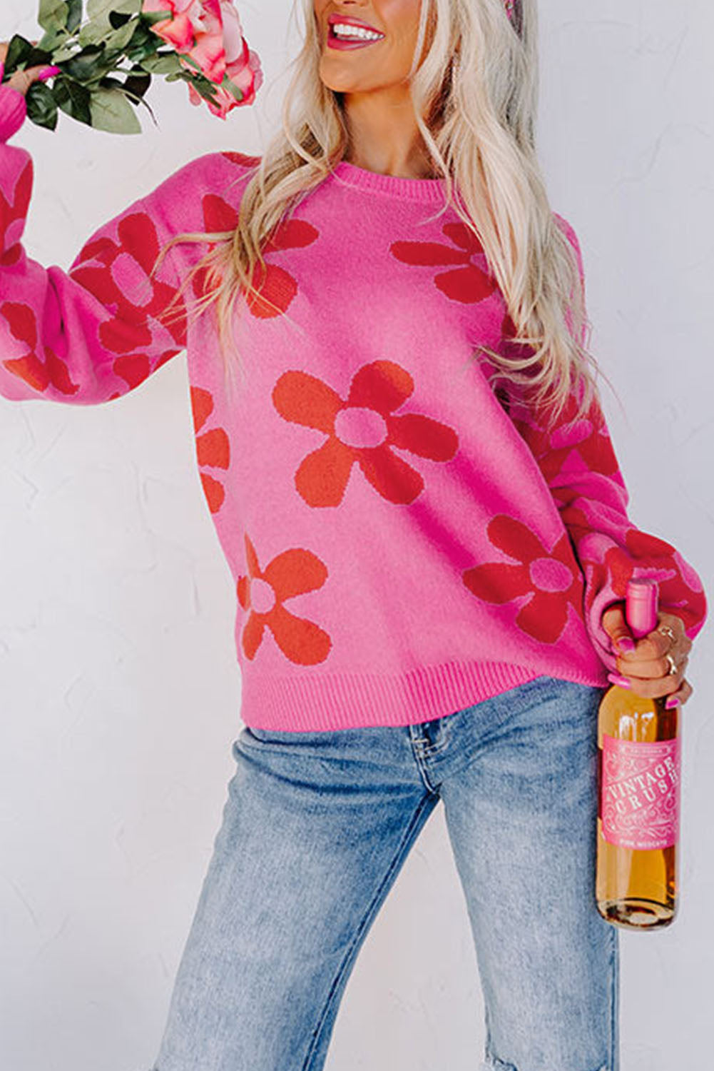 Rose Big Flower Knit Ribbed Trim Sweater-yoyobikini