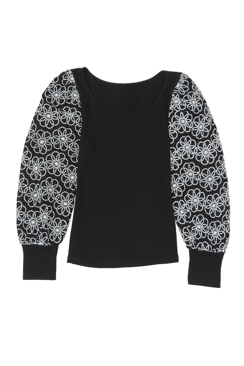 Black Flower Puff Sleeve Ribbed Knit Top-yoyobikini