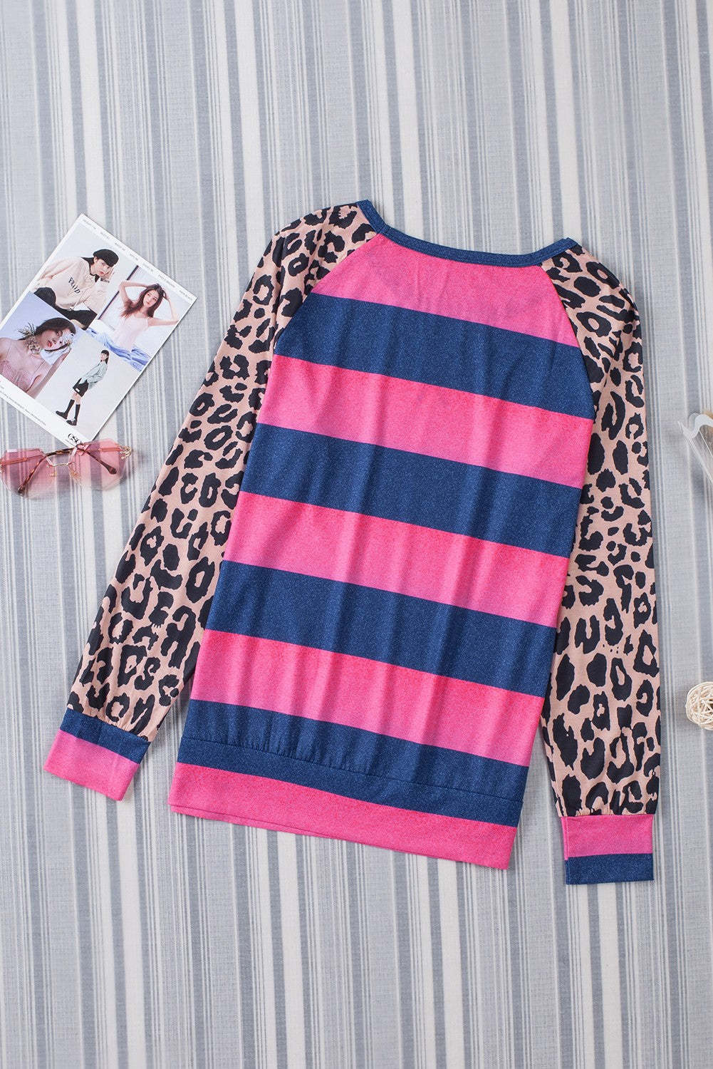 Rose Leopard Striped Patchwork Long Sleeve Top-yoyobikini