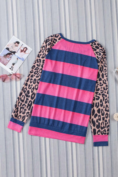 Rose Leopard Striped Patchwork Long Sleeve Top-yoyobikini