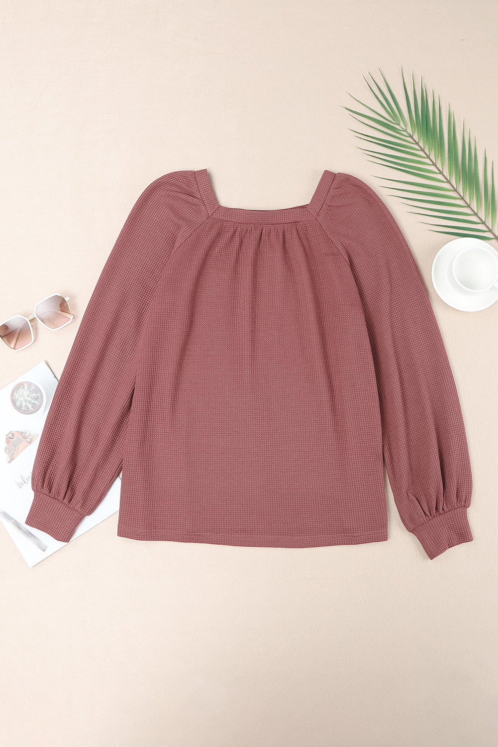 Square Neck Puff Sleeve Waffle Knit Top-yoyobikini