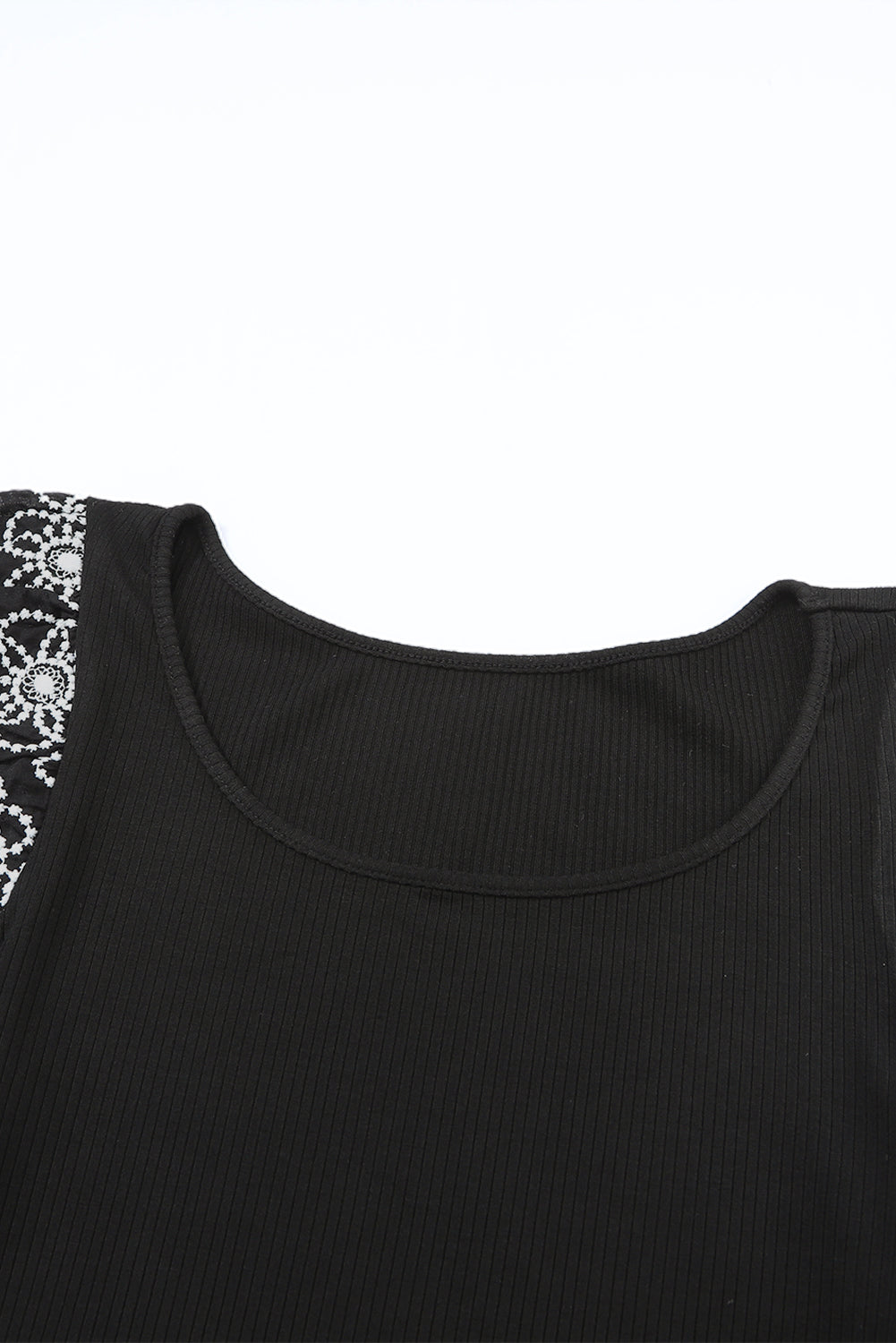 Black Flower Puff Sleeve Ribbed Knit Top-yoyobikini