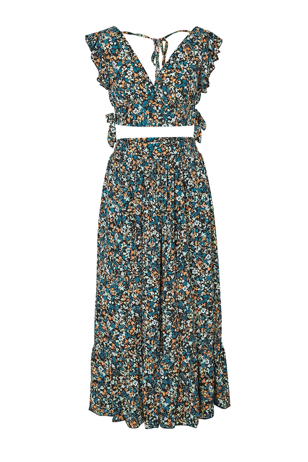 Multicolor Floral Ruffled Crop Top and Maxi Skirt Set-yoyobikini