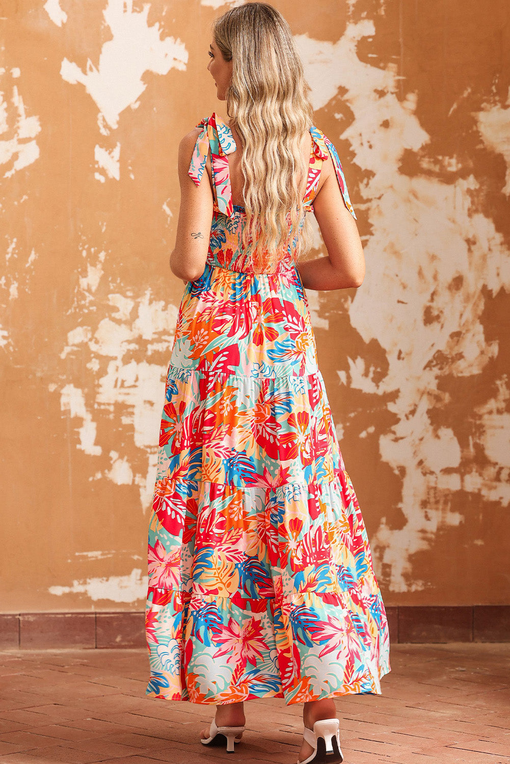 Multicolor Vibrant Tropical Print Smocked Ruffle Tiered Maxi Dress-yoyobikini