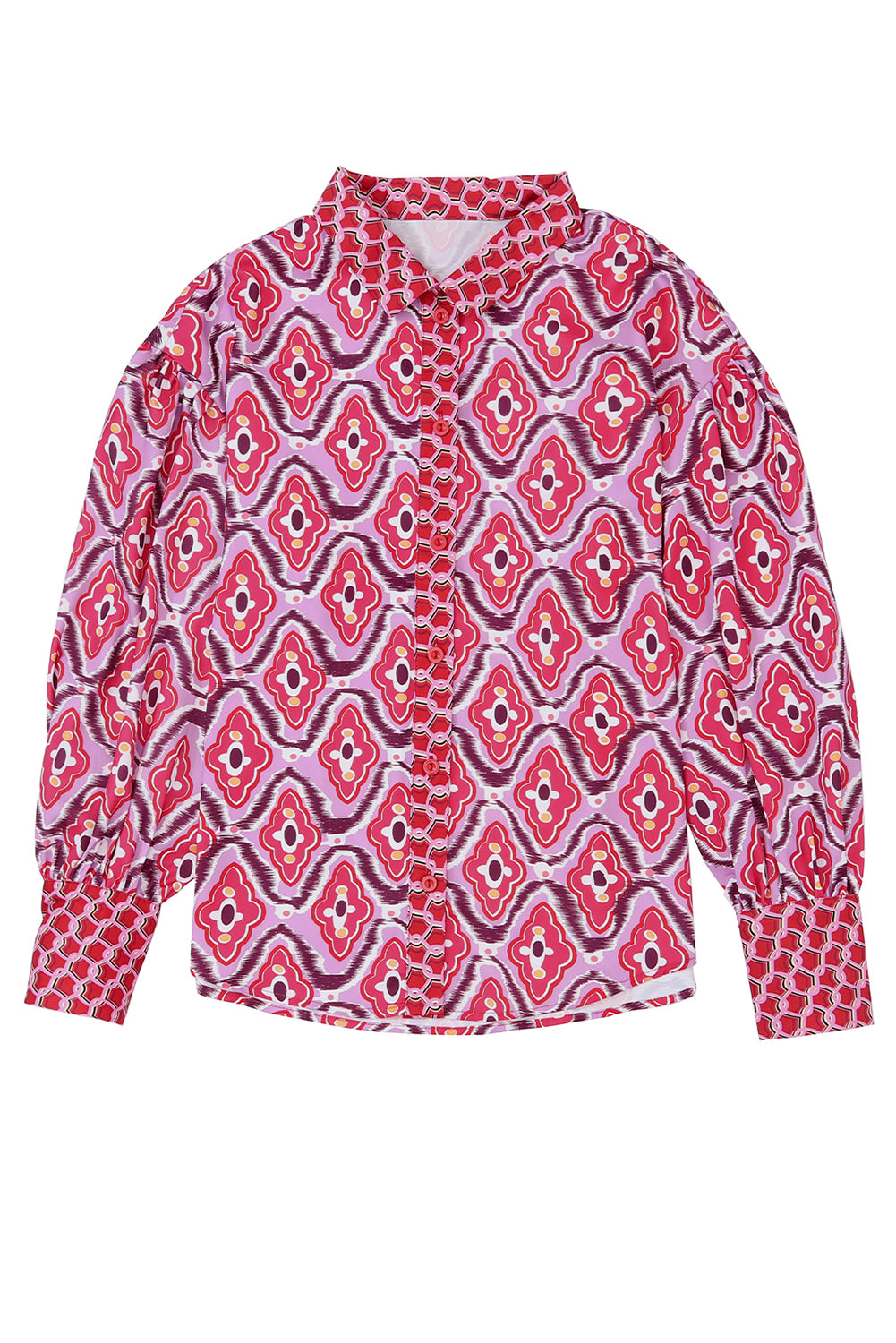 Rose Abstract Print Button Up Long Sleeve Shirt-yoyobikini