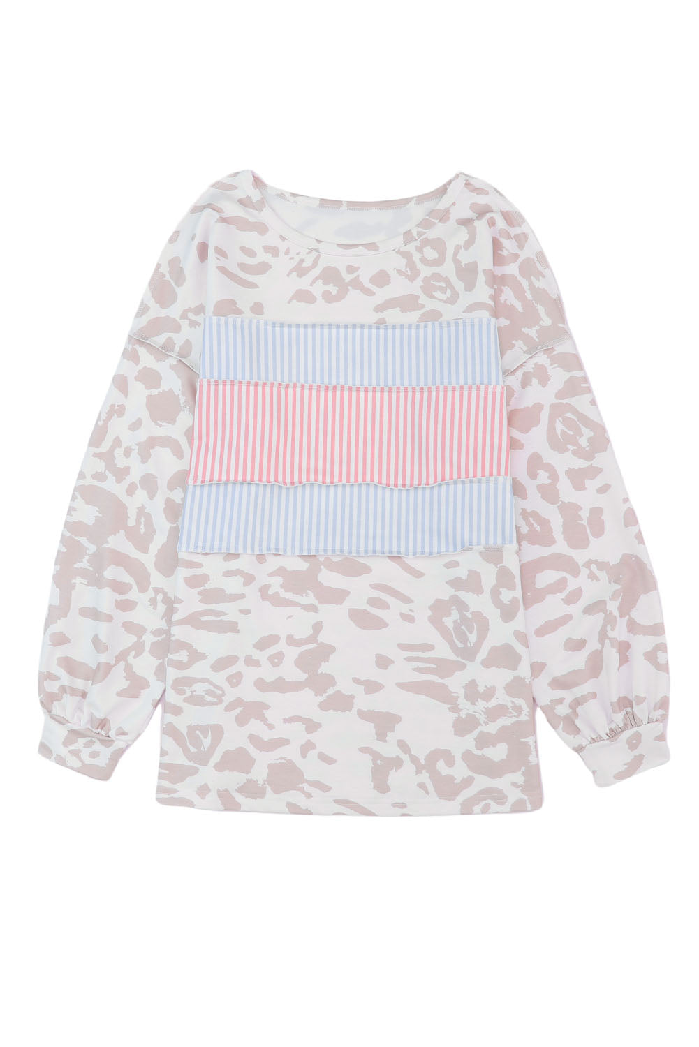 Leopard Animal Print Contrast Stripes Patchwork Puff Sleeve Knit Top-yoyobikini