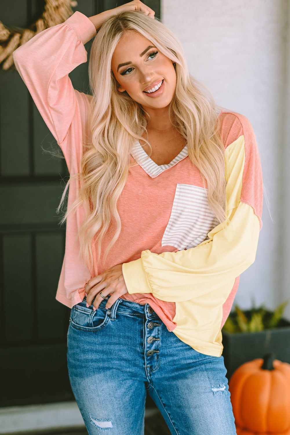 Striped Color Block Splicing Long Sleeve T Shirt-yoyobikini