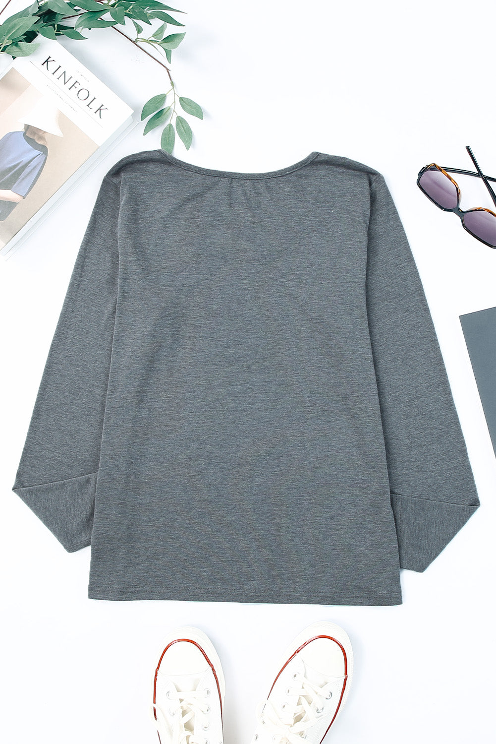 Gray Strappy Neck Detail Long Sleeve Top-yoyobikini