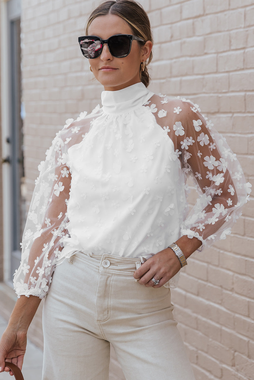 White Mock Neck Floral Mesh Long Sleeve Top-yoyobikini