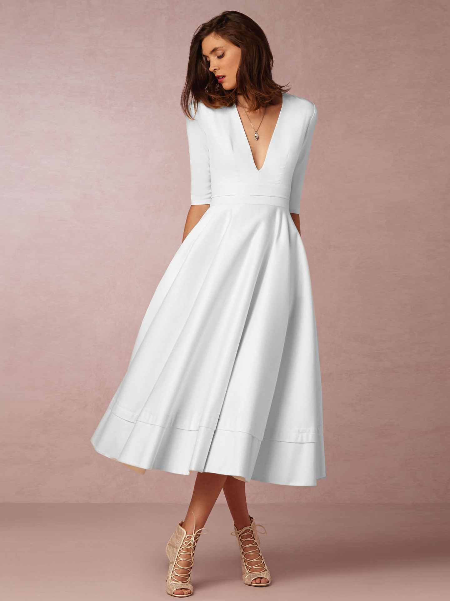 Plunge Midi Dress Half Sleeves Pockets A-Line Prom Dresses