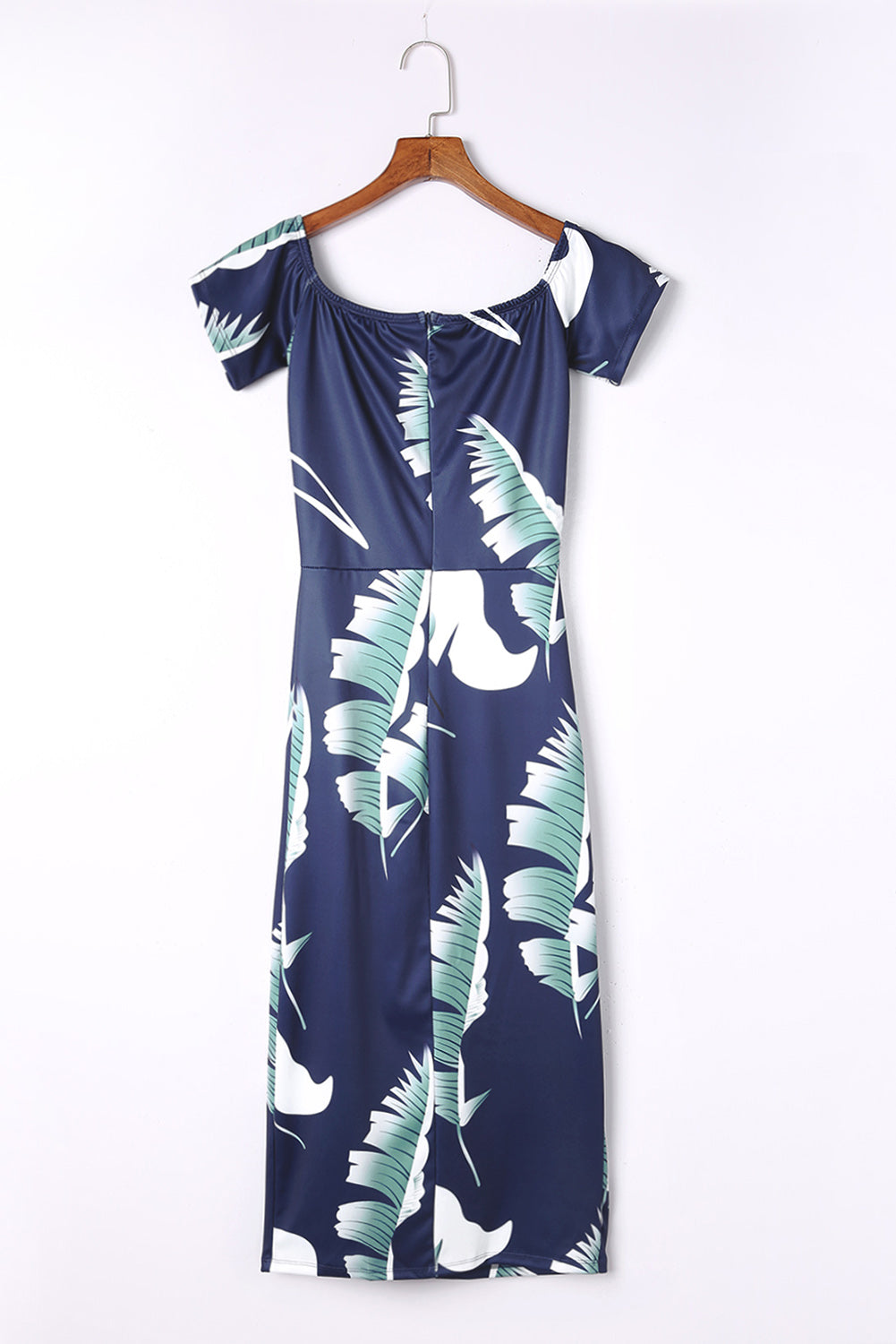 Blue Pattern Print Off Shoulder Slit Bodycon Midi Dress-yoyobikini