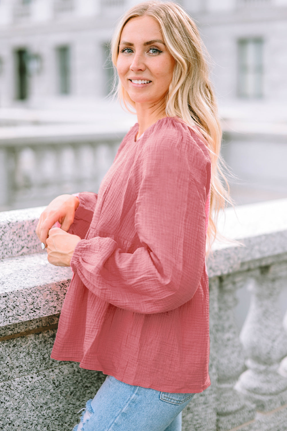 Pink Bubble Sleeve Textured Flowy Blouse-yoyobikini