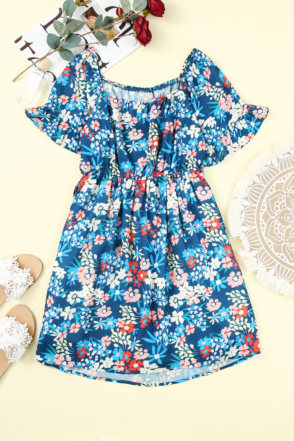 Blue Square Neck Ruffle Floral Dress-yoyobikini