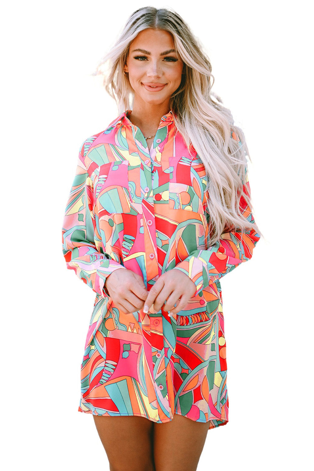 Multicolor Geometric Abstract Print Long Sleeve Shirt Dress-yoyobikini