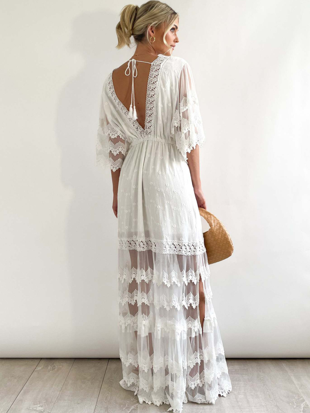 Vacation Boho Geometric Print Lace Up Ruffle Slit V Neck Long Sleeve Dresses