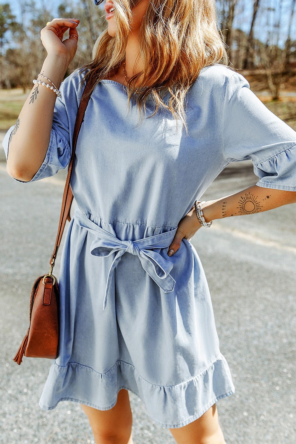 Sky Blue Ruffle Trim Half Sleeve Belted Denim Dress-yoyobikini